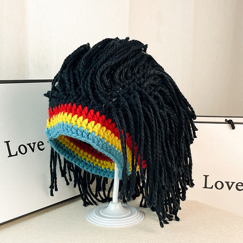 Bohemian Rainbow Fringe Dreadlock Beanie – Hippie Style Crochet Knit Hat for Festival, Rave & Streetwear