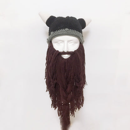 Viking Barbarian Beard Knit Hat - Red & Black Chunky Knit Beanie with Detachable Faux Beard, Festive & Daily Costume Accessory for Men & Women, Warm Winter Skiing & Party Funny Face Mask Hat