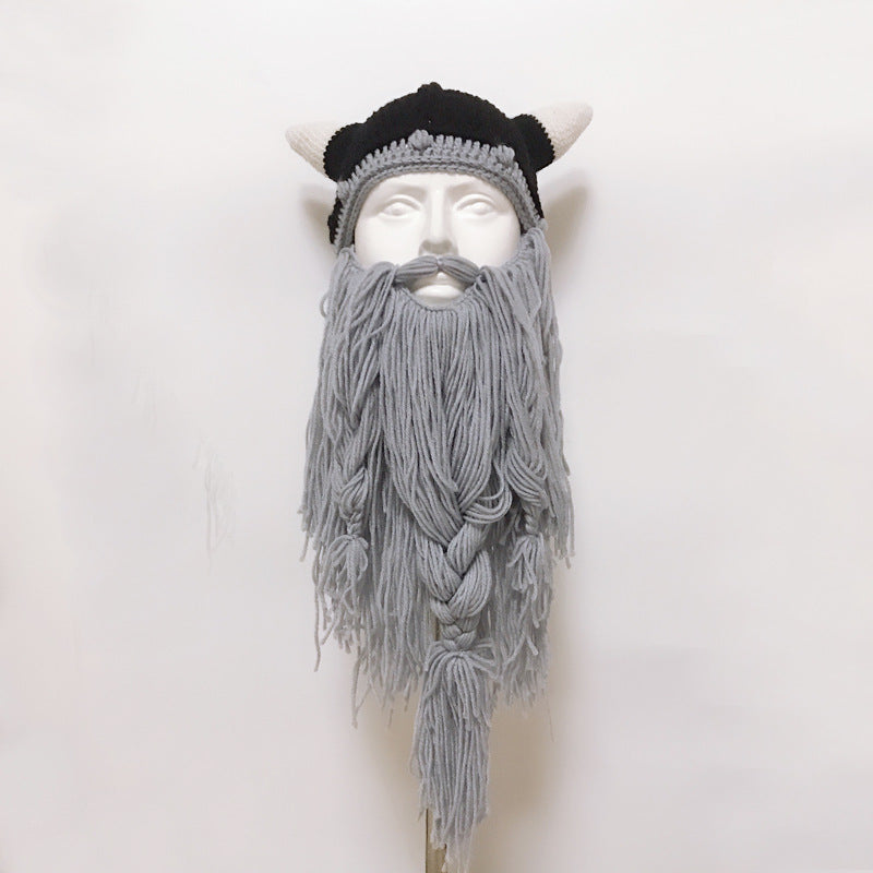Viking Barbarian Beard Knit Hat - Red & Black Chunky Knit Beanie with Detachable Faux Beard, Festive & Daily Costume Accessory for Men & Women, Warm Winter Skiing & Party Funny Face Mask Hat