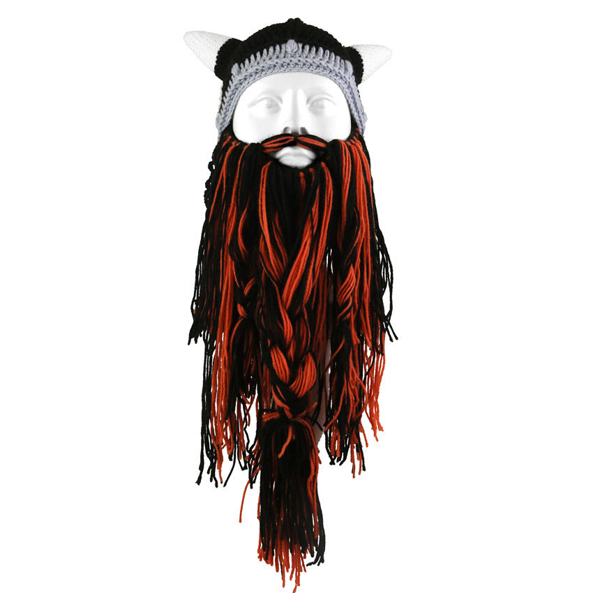 Viking Barbarian Beard Knit Hat - Red & Black Chunky Knit Beanie with Detachable Faux Beard, Festive & Daily Costume Accessory for Men & Women, Warm Winter Skiing & Party Funny Face Mask Hat