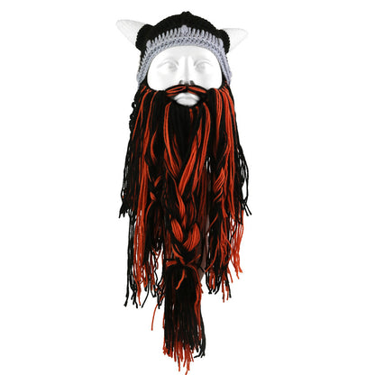 Viking Barbarian Beard Knit Hat - Red & Black Chunky Knit Beanie with Detachable Faux Beard, Festive & Daily Costume Accessory for Men & Women, Warm Winter Skiing & Party Funny Face Mask Hat