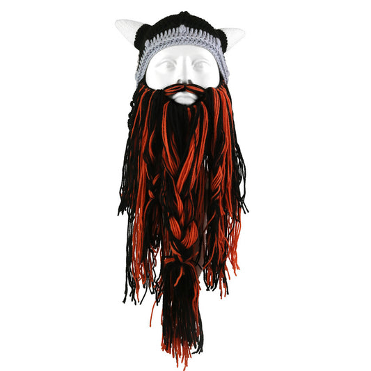 Viking Barbarian Beard Knit Hat - Red & Black Chunky Knit Beanie with Detachable Faux Beard, Festive & Daily Costume Accessory for Men & Women, Warm Winter Skiing & Party Funny Face Mask Hat