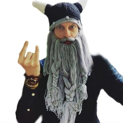 Viking Barbarian Beard Knit Hat - Red & Black Chunky Knit Beanie with Detachable Faux Beard, Festive & Daily Costume Accessory for Men & Women, Warm Winter Skiing & Party Funny Face Mask Hat