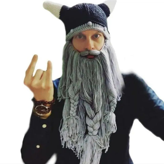 Viking Barbarian Beard Knit Hat - Red & Black Chunky Knit Beanie with Detachable Faux Beard, Festive & Daily Costume Accessory for Men & Women, Warm Winter Skiing & Party Funny Face Mask Hat